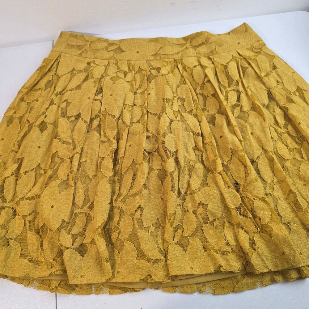 LOFT Lace Pleated A Line Mini Skirt 10 Mustard Yellow Floral Fairy Boho Summer
